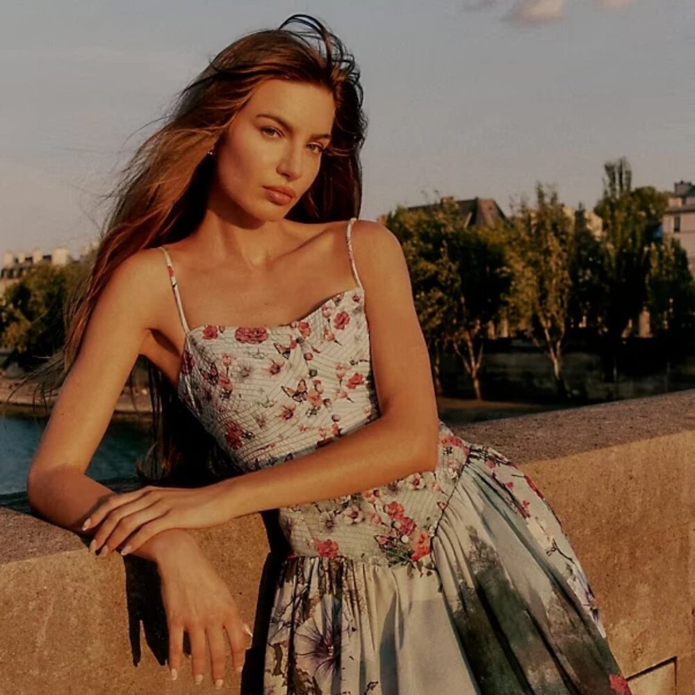 Anthropologie Floral Midi Dress in Light Blue and Pink